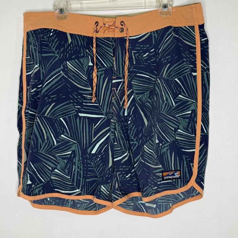Patagonia Board Shorts Mens 36 Blue Tropical Leaf Swim Trunks Stretch Quick Dry